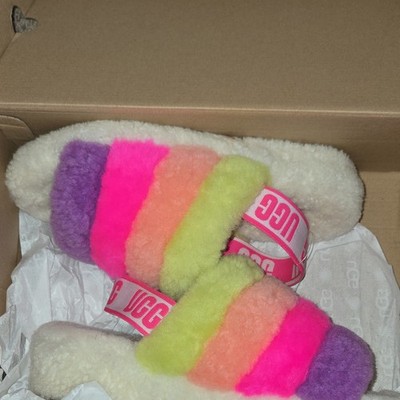 UGG Fluff Yeah Slide Women s Rainbow Multicolor Faux Fur Slippers US 7