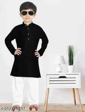 Indian Boys Festive Casual Full Cotton Black White Kurta Pyjama Set For Boys
