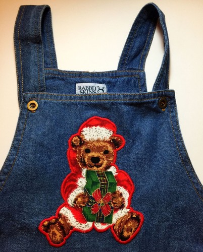 Denim Jumper Dress Child Christmas 5-6 T Appliqued Santa Bear VIP Pockets NEW - Picture 4 of 8