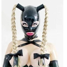 Beautiful Girl Latex Hood with Double Blond Ponytail Wigs Headgear Rubber Mask