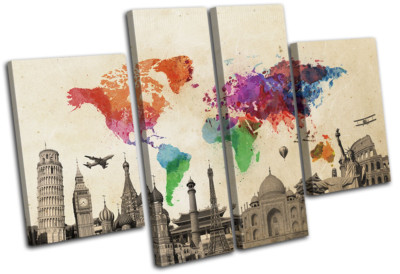 World Landmarks Atlas Maps Flags MULTI CANVAS WALL ART Picture Print