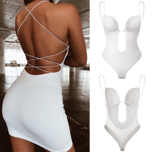 Women Ladies Backless Thong Body Shaper U Plunge Built-in Bra Deep V Bodysuit UK - Picture 11 of 21