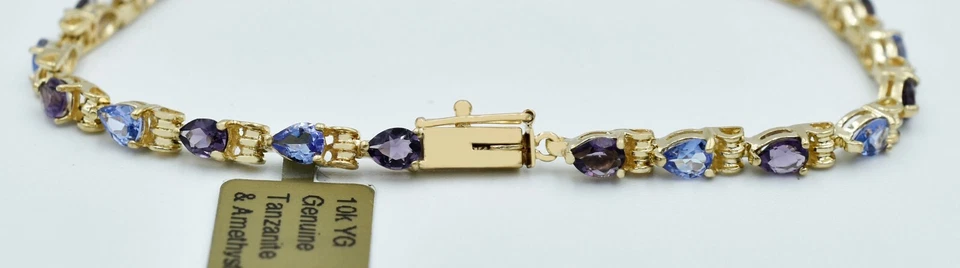 GENUINE  1.92 Cts TANZANITES & AMETHYST TENNIS BRACELET 10k GOLD * New With Tag  - Image 3 of 4