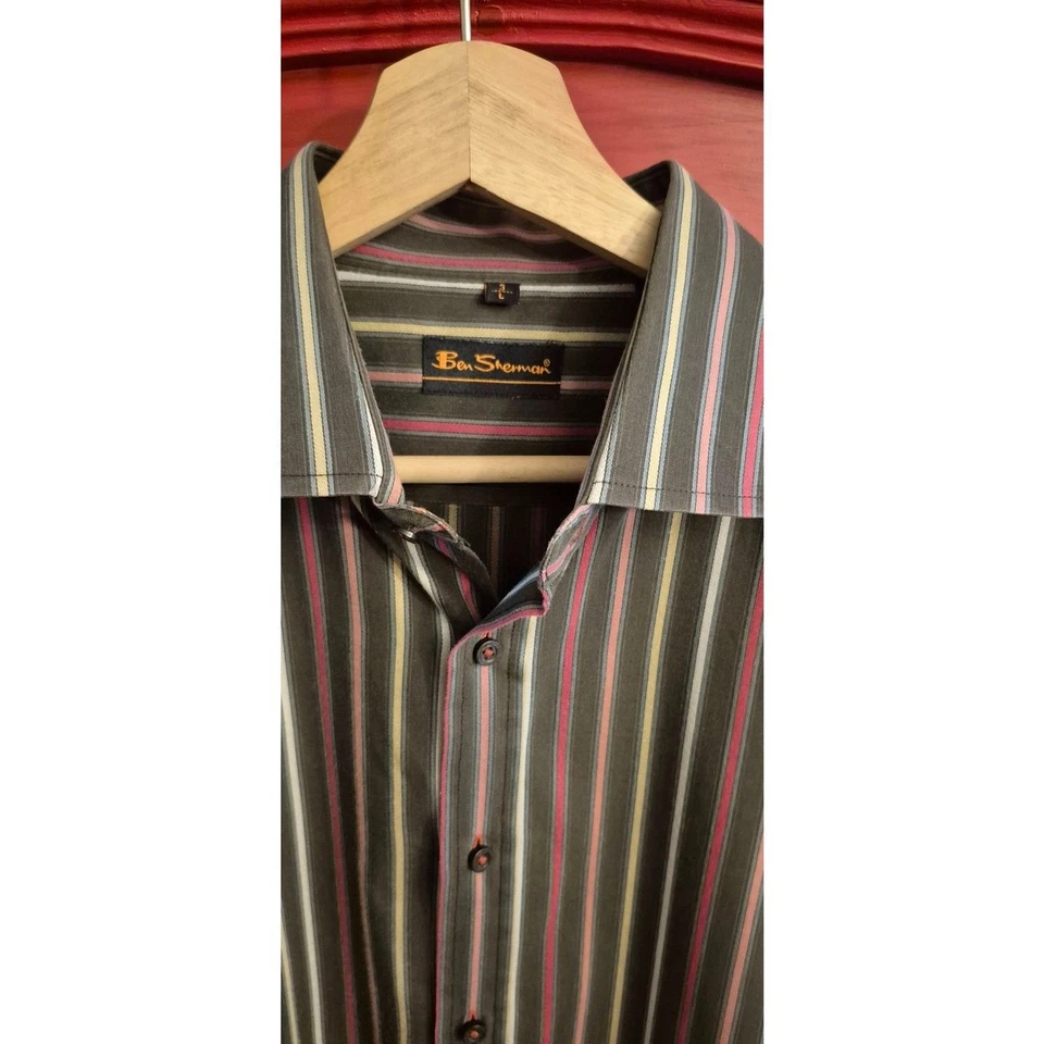 Camisa de vestir Ben Sherman talla grande para hombre marrón rosa rojo rayas manga larga usada en excelente estado Foto 2 de 4