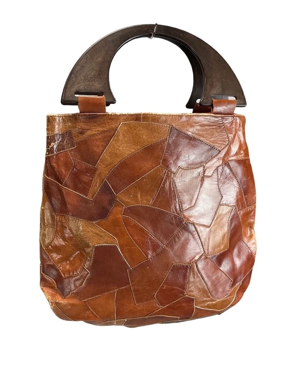 VINTAGE 60s 70s TAN BROWN PATCHWORK LEATHER WOODEN HANDLE MOD BOHO SHOPPER BAG