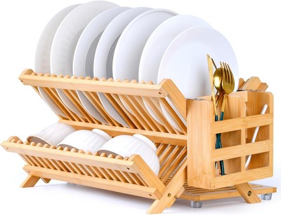 New-3-Tier Bamboo Dish Drying Rack, Foldable Kitchen Counter Organizer with Deta