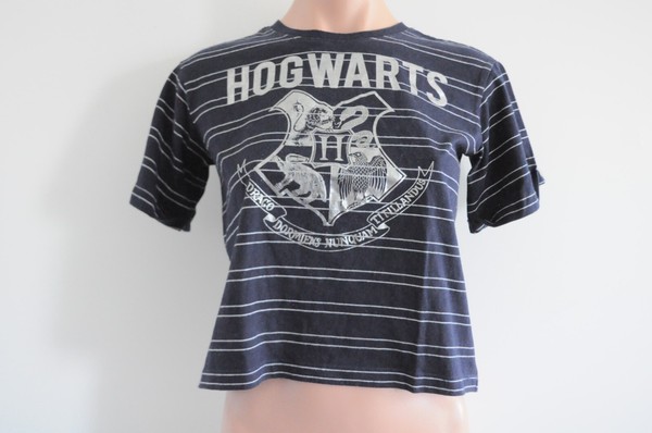 Hogwarts Wizard T Shirt Tee Womens ? Teen 10 Blue Navy Stripe Silver Crop