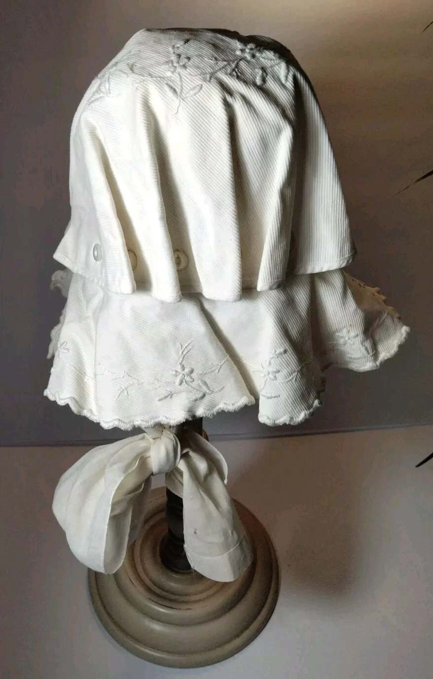 Rare Antique Baby Bonnet Ivory/White Embroidered Buttoned Down Large Ribbon Tie