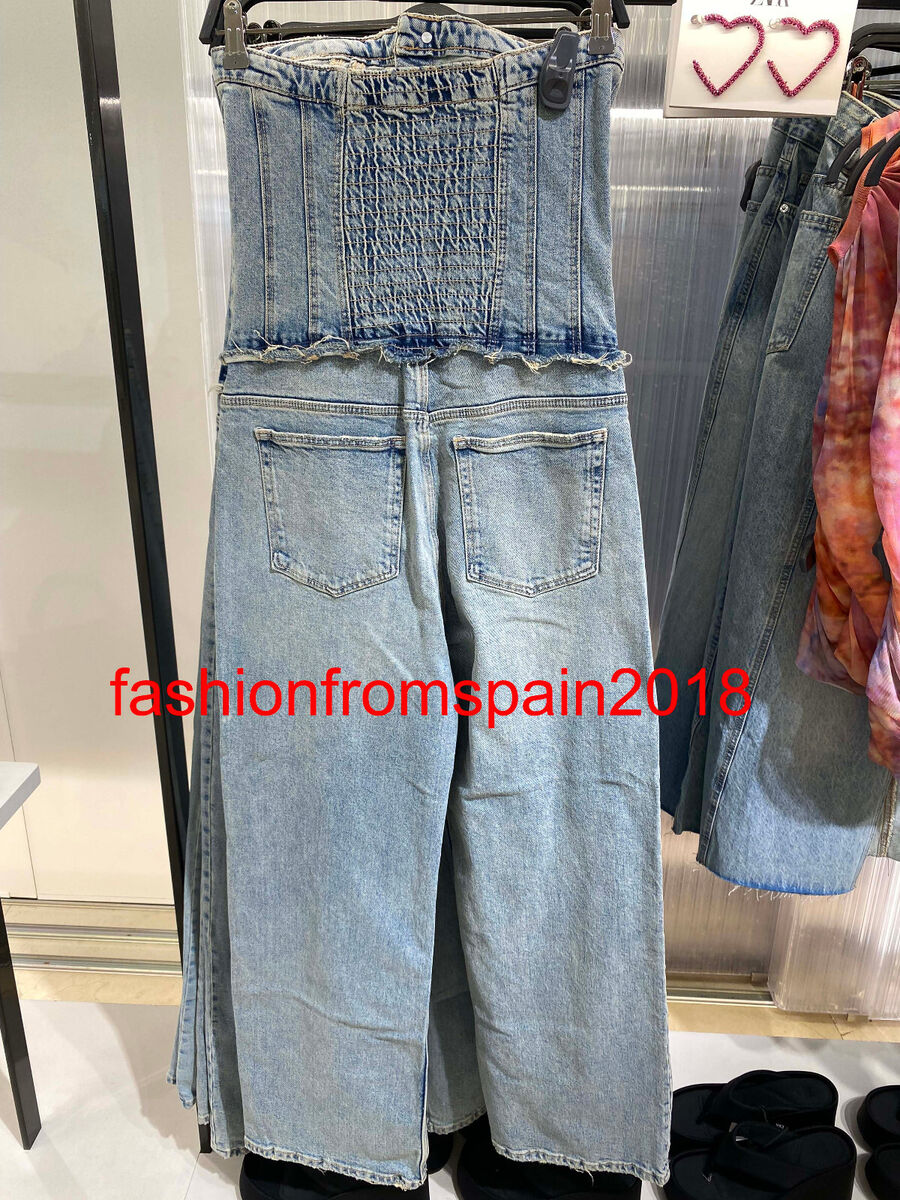 ZARA NEW WOMAN OFF SHOULDER TRF STRAPLESS DENIM JUMPSUIT BLUE Size