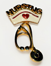 Love Nursing Brooch Pin w/ Stethoscope Dangle Gold Tone White Enamel