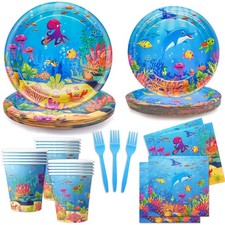120 Pcs Under the Sea Party Decorations Ocean Birthday Party Plates and Napki...
