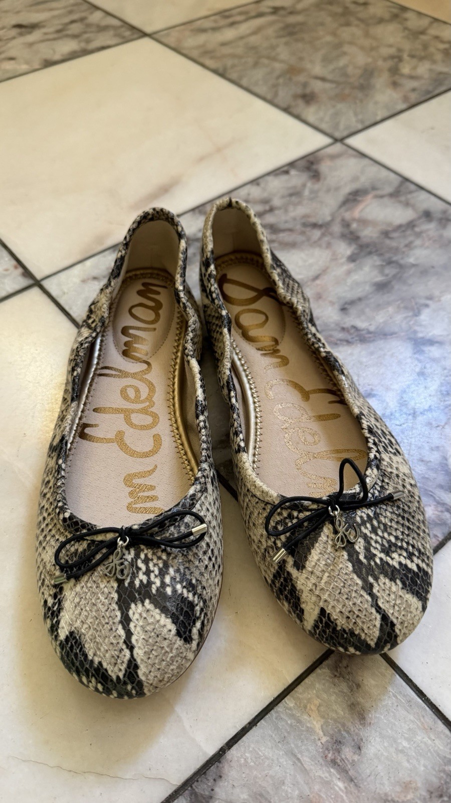 Sam Edelman Women’s Beige/Black Snake Print Faux Leather Bow Ballet Flats 9