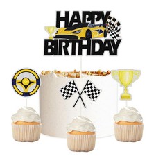 4pcs Race Car Happy Birthday Cake Toppers - Checkered Flag Cake Decor - Racin...