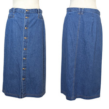 Vintage Cottagecore Prairie Cotton Denim Midi Button Down Skirt Women's 12