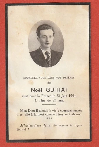 NOTICE OF DEATH - CHRISTMAS GUITTAT DEAD FOR FRANCE JUNE 22, 1944