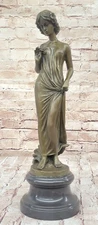 Auguste Moreau Girl Flower Bronze Sculpture Art Deco Marble Base Figurine Gift