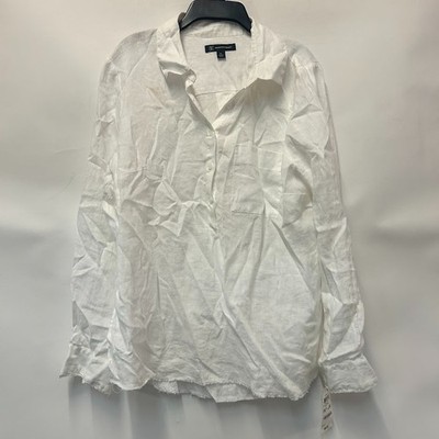 INC Womens Petite PL Bright White Button Up Raw Hem Collared Linen Top NWT BT21