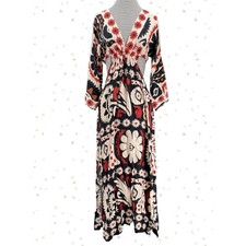 Farm Rio Maxi Dress Red White Black Medallion Long Sleeve V Neck Size XS / P