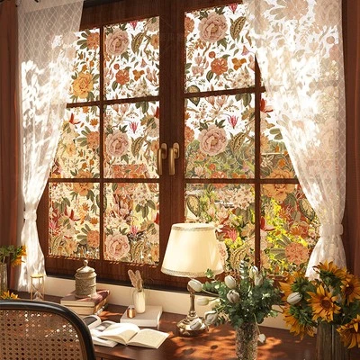 1x Blumenmuster Glas Aufkleber Statische Mattiert Fenster Folie Heim Dekor Retro - Bild 1 von 4