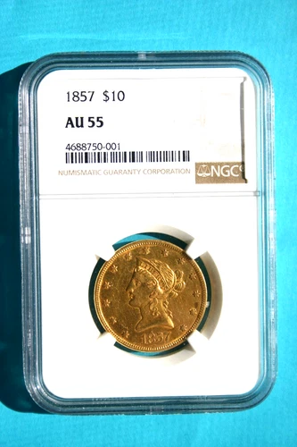 An 1857 $10 Liberty Eagle Gold Coin. Certfied NGC AU55