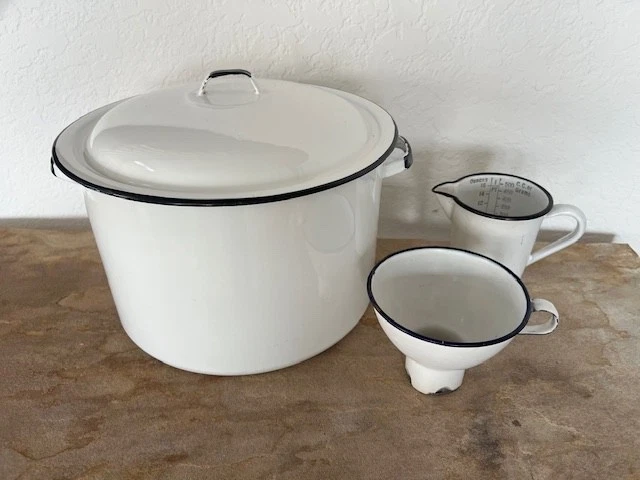 Antique White Porcelain Enamel Stock Pot w/ Lid, Canning Funnel and Meauring Cup