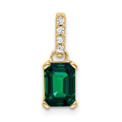 14k Yellow Gold 7x5 Emerald-cut May/ Created Emerald and Diamond Charm Pendant