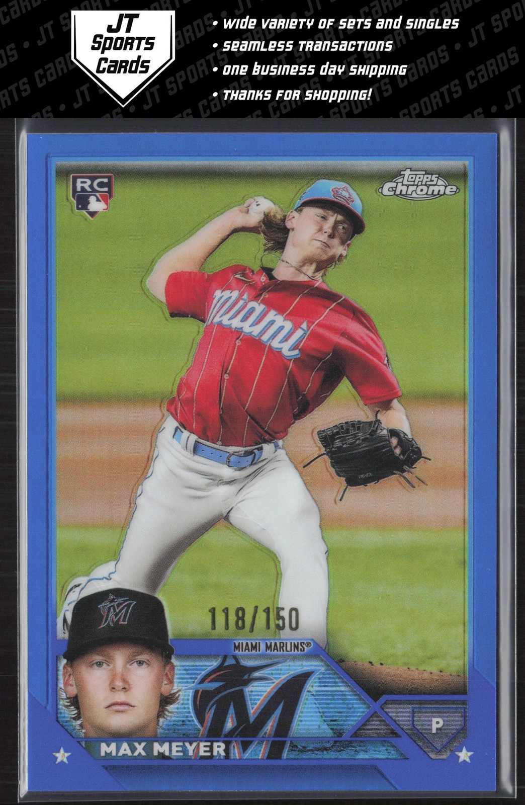 2023 Topps Chrome Max Meyer 104 RC Blue Refractor /150 | Miami Marlins