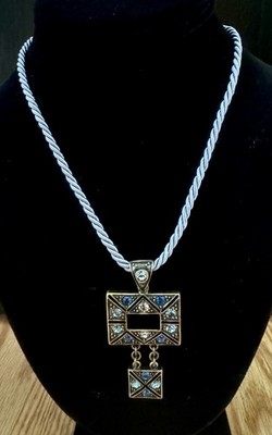 NWT Lia Sophia Blue Rhinestone Pendant Necklace Brass Tone 15  Cord + 2.5  Chain