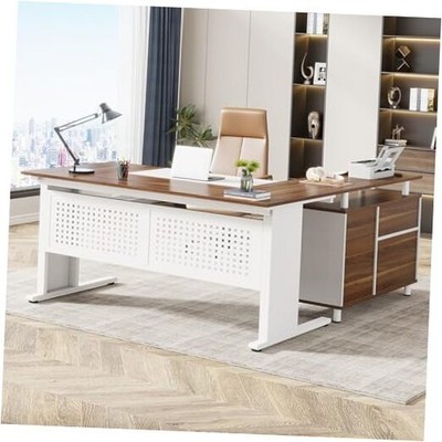 Tribesigns 63 Inch Executive Desk with File Cabinet, L Shaped White and Brown
