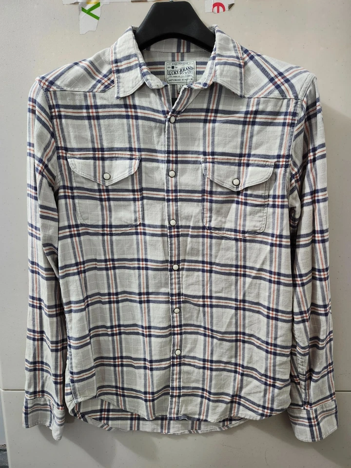 Camisa masculina Lucky Brand S cinza flanela pérola encaixe xadrez sábado stretch faroeste - Imagem 2 de 4