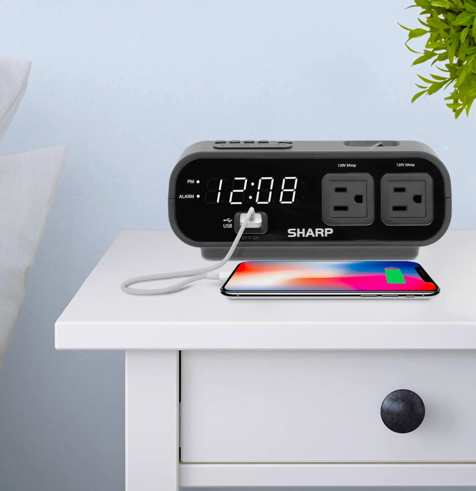SHARP LED Digital Alarm Clock, 2 AMP fast Charge USB Ports & 2 AC Power Outlets - Image 4 of 4