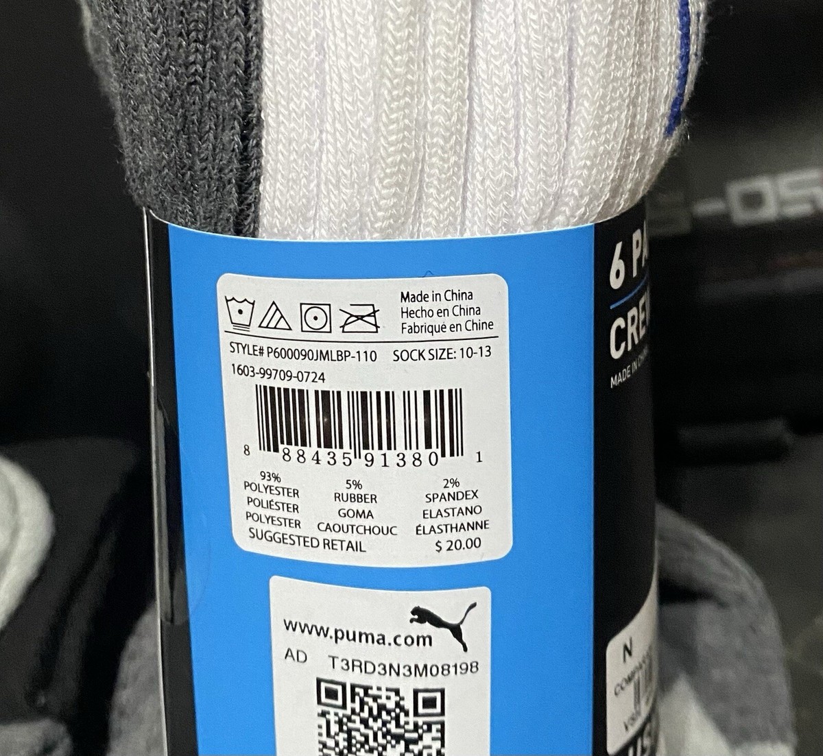 6Pack Men's Puma Crew Socks Sportstyle White / Gray /BLACKMen's