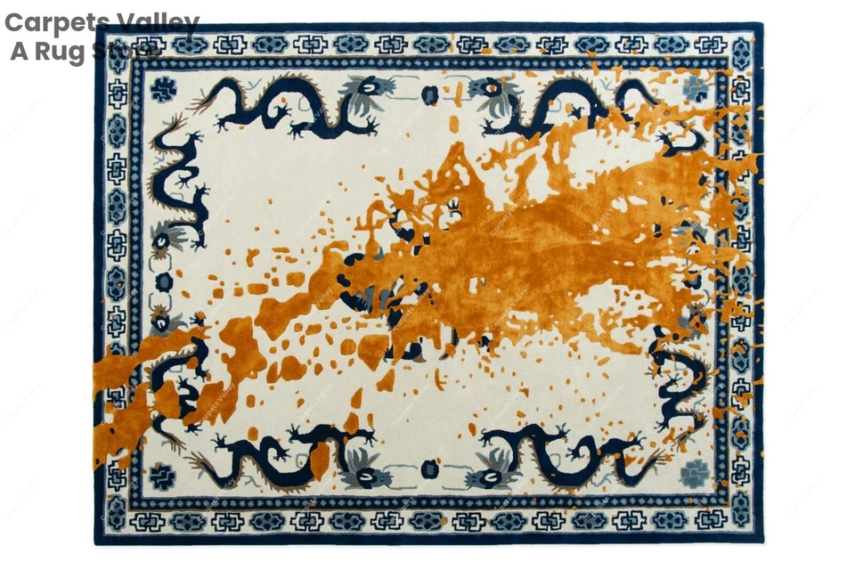 Alfombra de lana hecha a mano Dragon Gold acolchada a mano alfombra para hogar, sala, dormitorio Foto 3 de 4