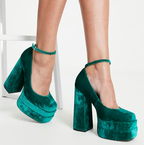 ASOS Green VELVET Double PLATFORM Strappy Pump INCH MEGA Block High Heel  42