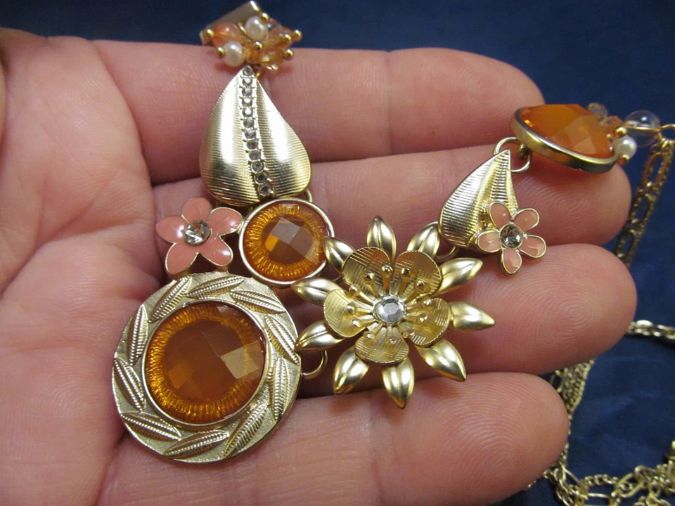 *Collar firmado Robert Rose Lt tono dorado esmalte cuentas floral llamativo Foto 4 de 4