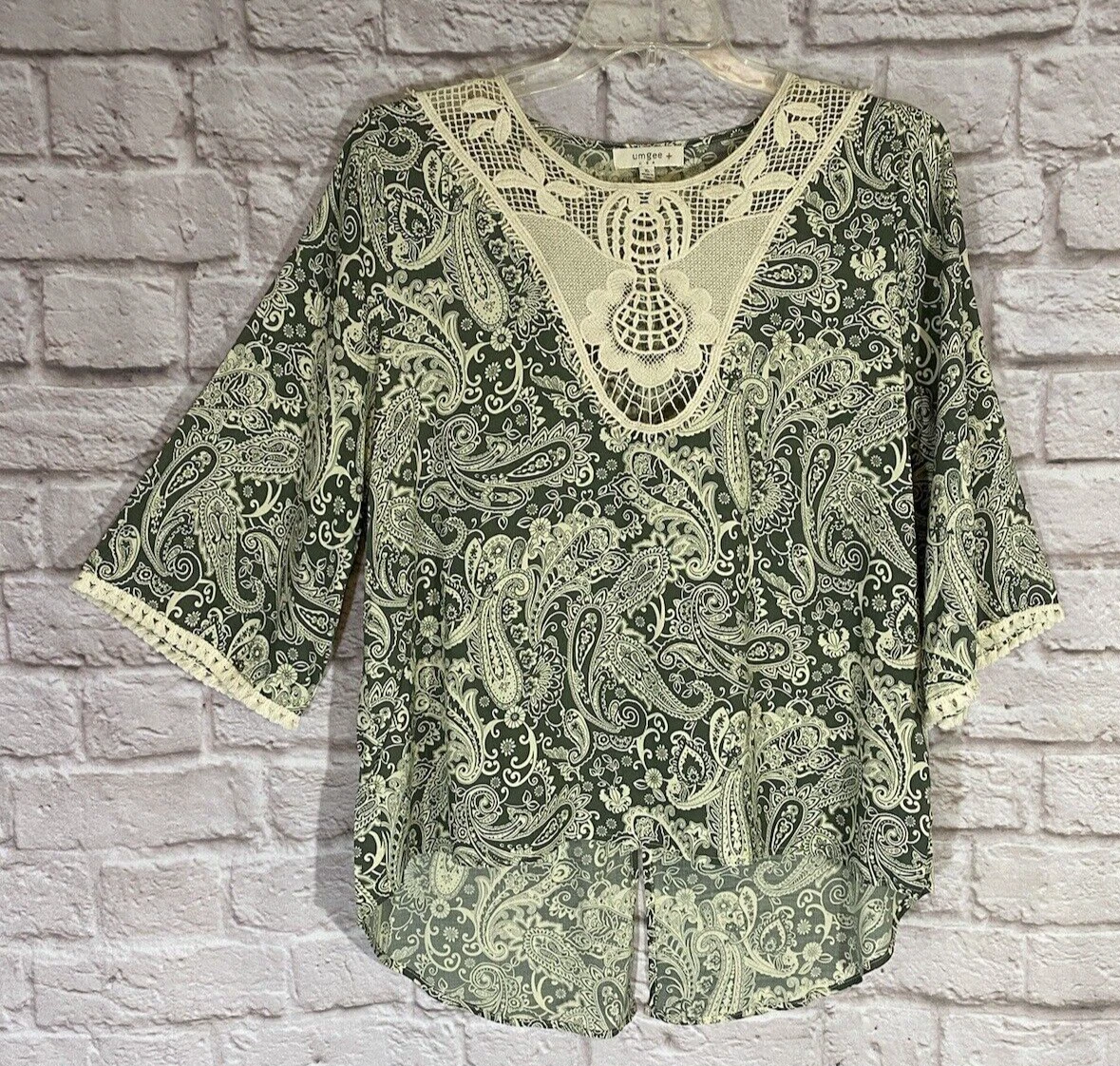 NEW Umgee Top XL Green Ivory Floral Crochet Embroidery Boho Peasant Shirt 5664