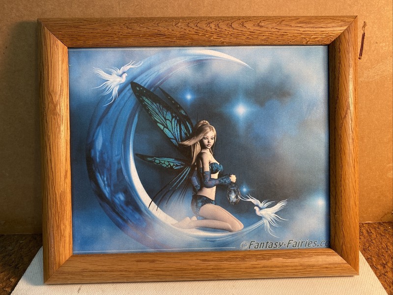 Vintage 11-1/2”x9-1/2” Framed Fairy On The Moon Gem Hunting Print By Fantasy Far