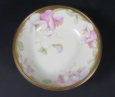 RS Germany 3 footed dish handpainted gold trim soft purple green  6.5" signed