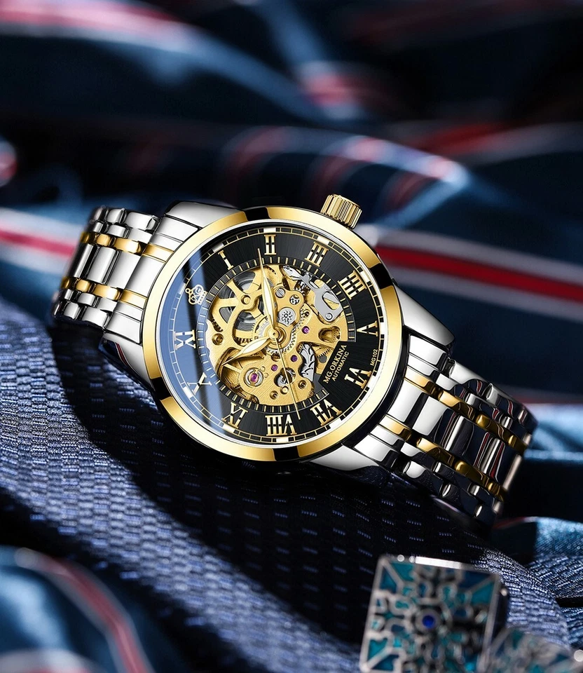 时尚男式骨架自上发条自动机械手表蒸汽朋克金色-黑色 — 第 2/4 张图片