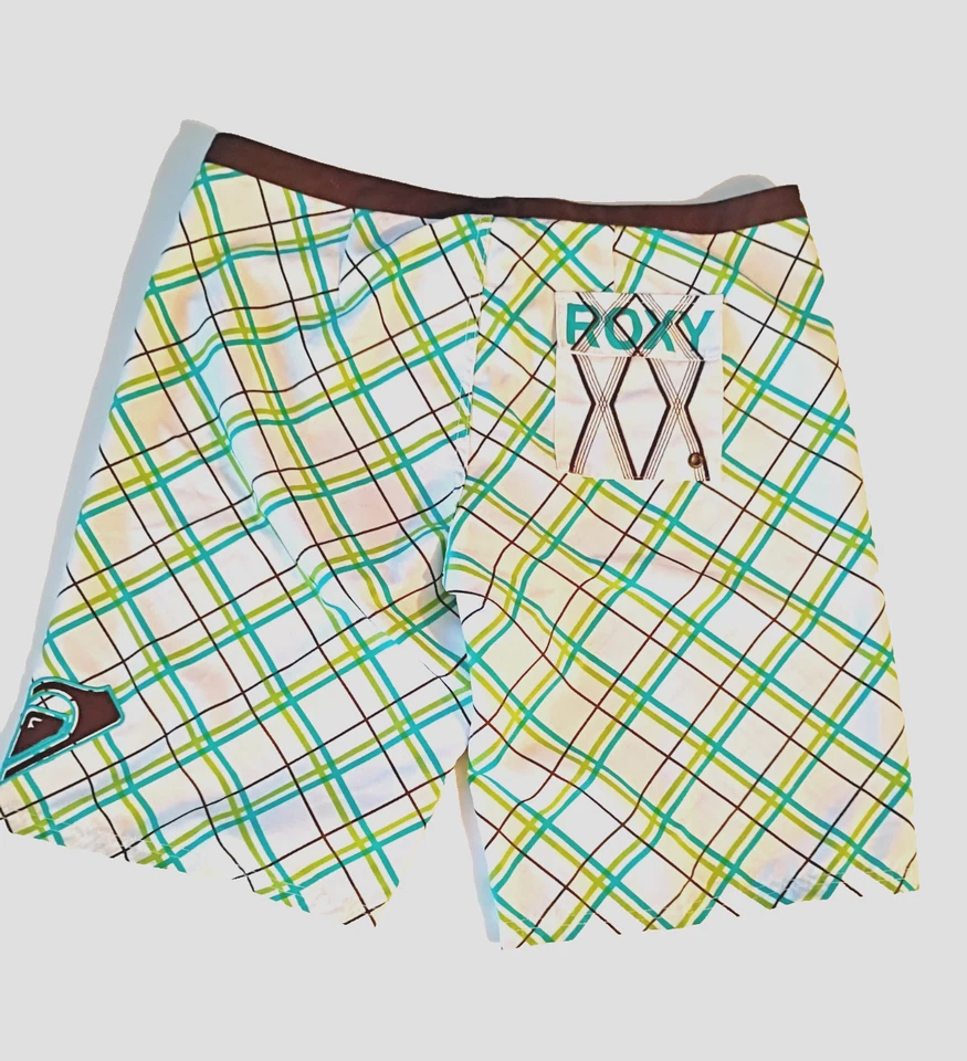 Roxy Board Shorts Mujer Talla 13 Blanco Azul Verde Marrón Cuadros Buen Estado Foto 2 de 4