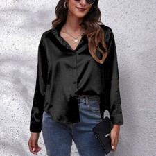 Women's Satin Silk Button-Up Dress Shirt OL Work Ladies V Neck Lapel Blouse Tops