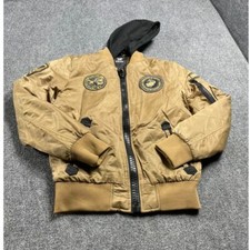 Men's Khaki Full Sleeve Ribbed Cuff Removable Hood Casual Bomber Jacket Size M