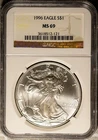 Key Date 1996 $1 Silver American Eagle MS 69 NGC # 3618512-121 + Bonus