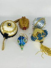 Lot of 5 Vintage Handmade Beaded Push Pin Sequin Christmas Ornaments Gold Blue