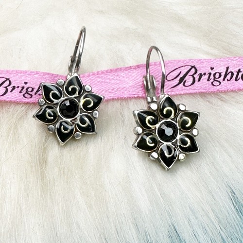 Brighton Garden of Eden Black Crystal Flower Hook Drop Silver Plate Earrings - Picture 4 of 6
