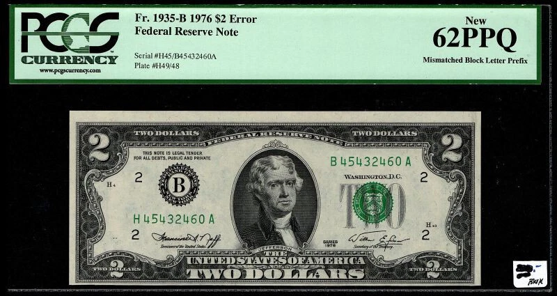 1976 $2 FRN NEW YORK MISMATCHED PREFIX LETTER H/B ERROR NOTE PCGS CU 62 PPQ - Image 4 of 4