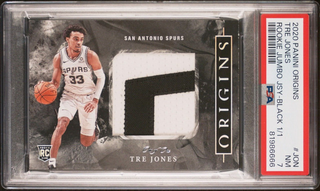 2020-21 Panini Origins Rookie Jumbo Jersey RC Patch #JON Tre Jones BLACK 1/1 PSA