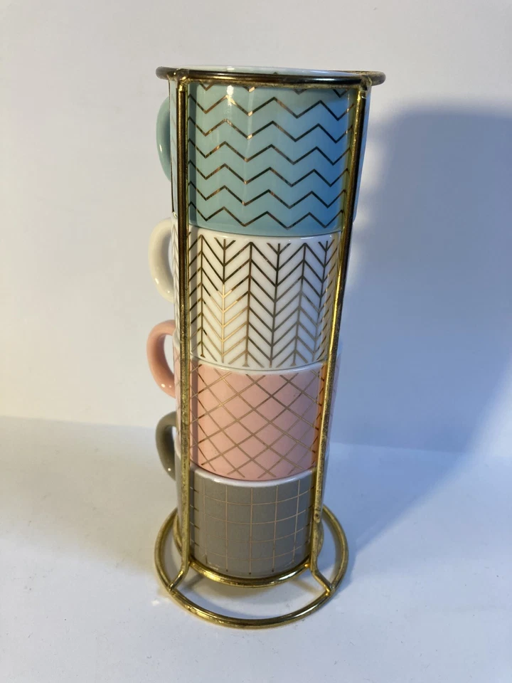 Juego 4 tazas espresso apiladas demitasse diseño geométrico pastel y dorado Coco & Lola Foto 3 de 4