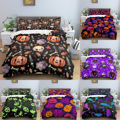 Bat Pumpkin Printed Duvet Cover Pillowcase Quilt Cover 3D Skull Print Bedclothes - Picture 1 of 22