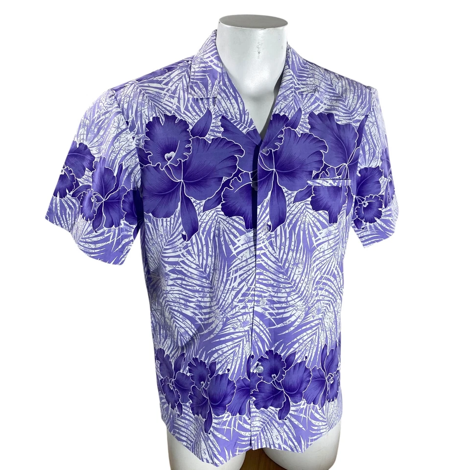 Camisa Hawaiana Vintage Royal Creations Mediana Flores Tropicales Púrpura Blanca Foto 2 de 4